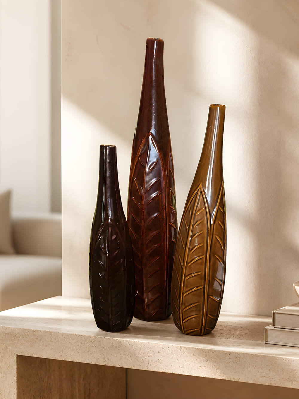 Set Of 3 Decorative Ceramic Leaf Vases